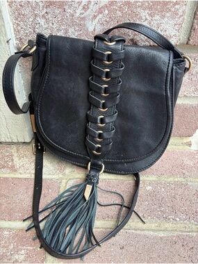 Foley + Corinna Leather Crossbody Saddle Bag in Black with Tassel